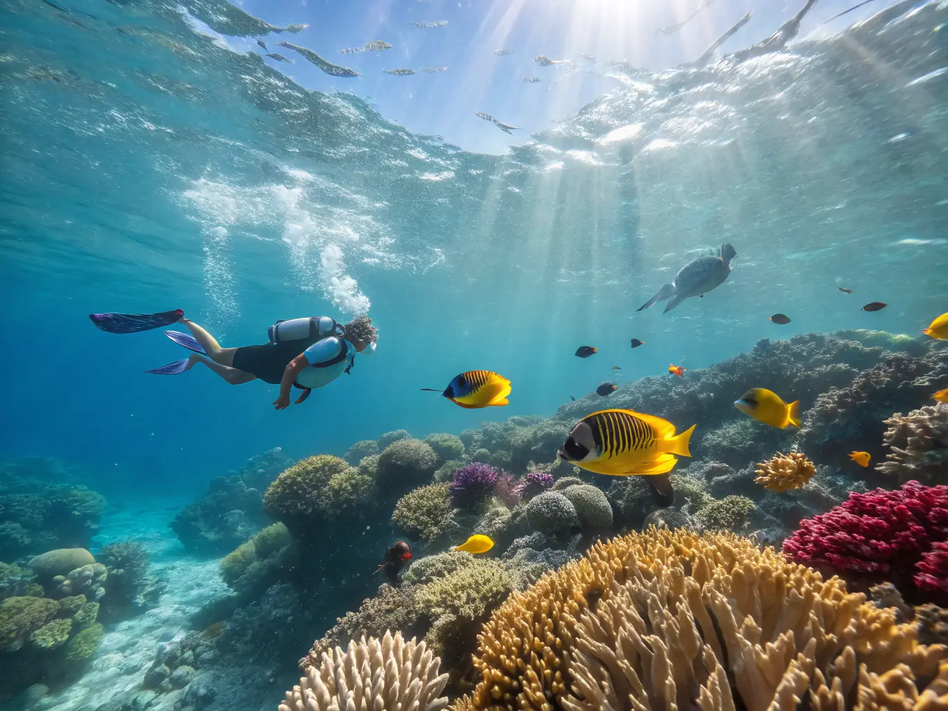 A serene image of a catamaran anchored in a secluded cove, with guests swimming and snorkeling in the crystal-clear waters, representing a full-day adventure tour.