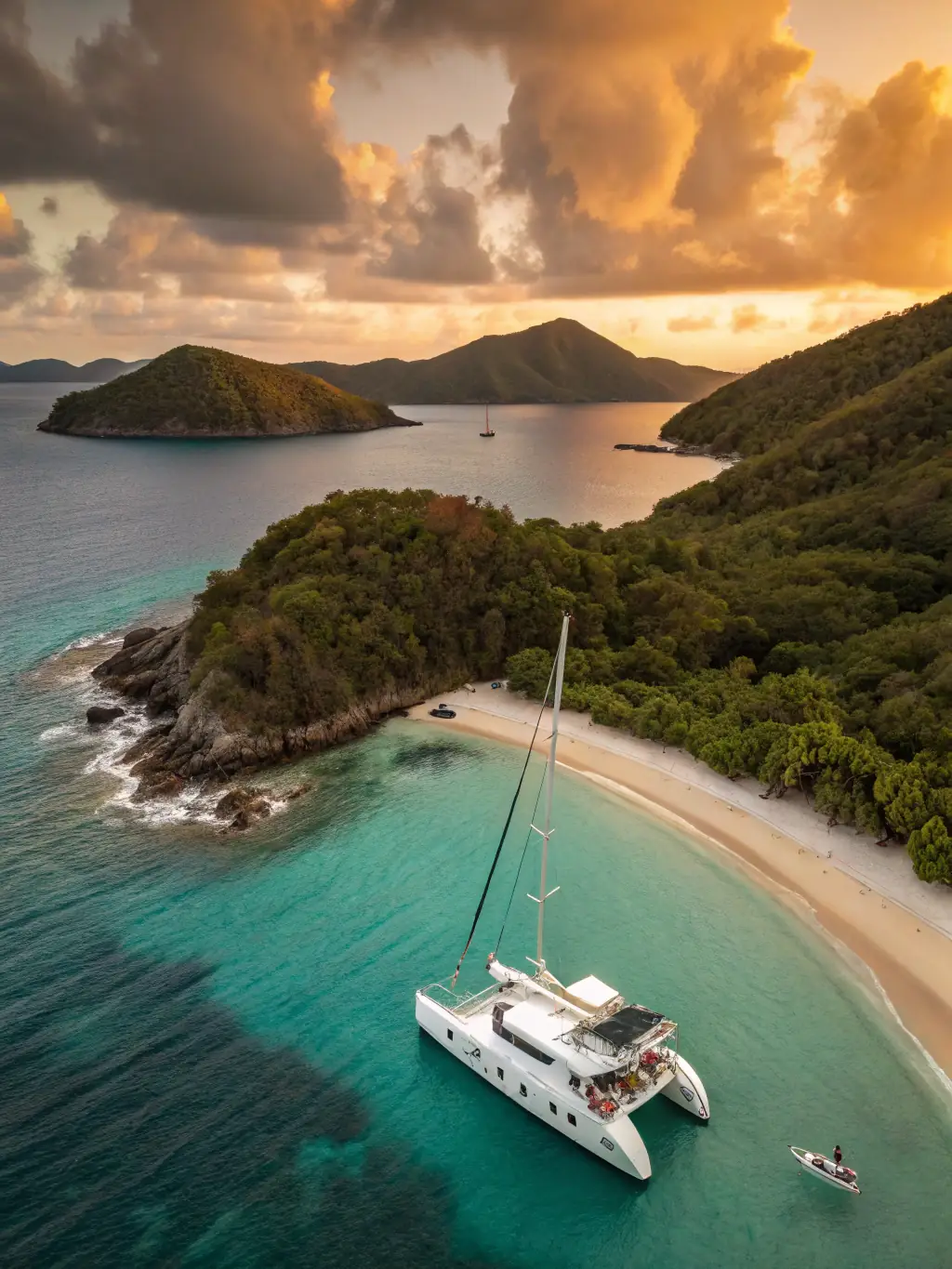 A modern, luxury catamaran sailing smoothly on calm, turquoise waters off the coast of Costa Rica, showcasing its sleek design and spacious deck, perfect for a relaxing day tour.