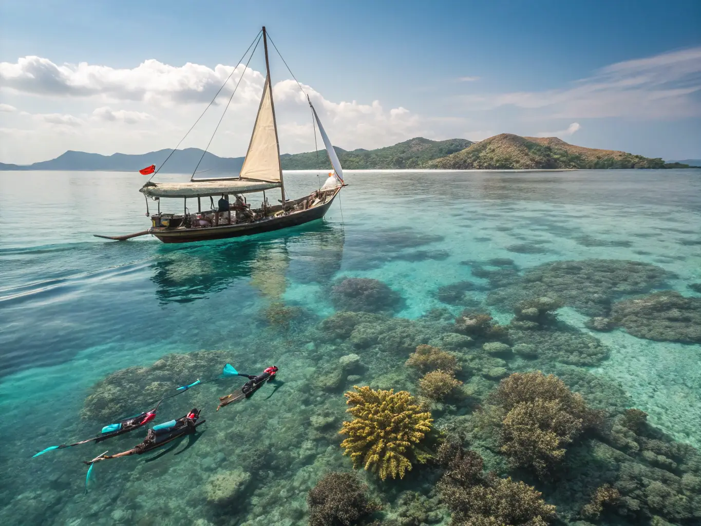 An image of a catamaran anchored in a secluded cove, with crystal-clear turquoise water and passengers snorkeling, highlighting the adventure and marine life exploration.