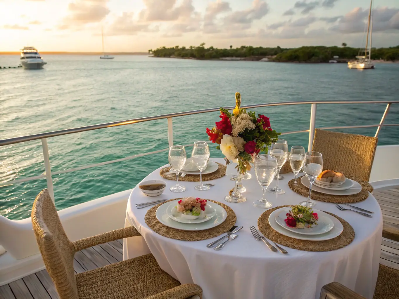 A luxurious image of a private catamaran at sunset, with guests enjoying gourmet dining and cocktails on deck, representing a private sunset tour.