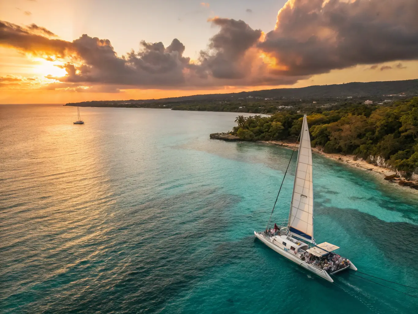 A vibrant image showcasing the clear turquoise waters and lush green coastline of Tamarindo, Costa Rica, with a Costa Rica Catamarans catamaran sailing in the distance.