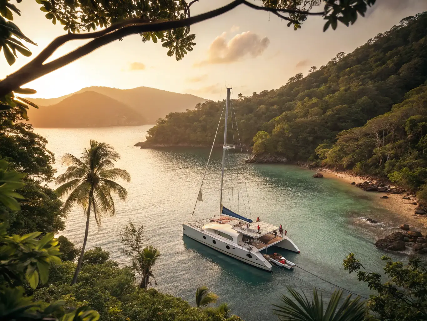 A stunning photograph capturing the serene beauty of the Gulf of Papagayo, with a Costa Rica Catamarans catamaran anchored in a secluded cove.
