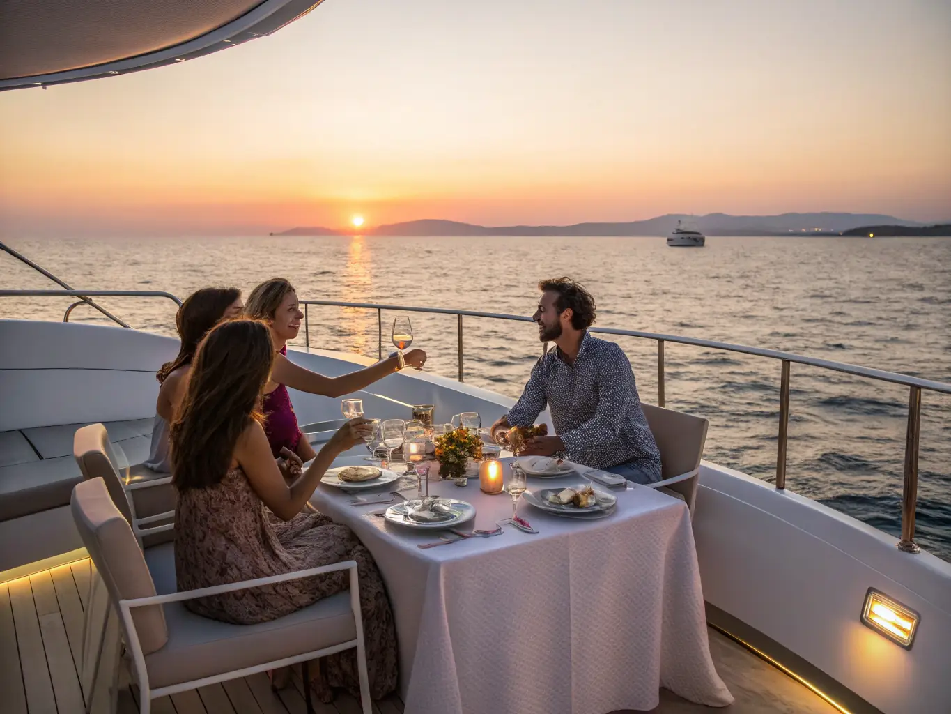 A luxurious catamaran with a small group of people enjoying gourmet food and drinks, with a beautiful beach in the background, representing the exclusivity of a private tour.